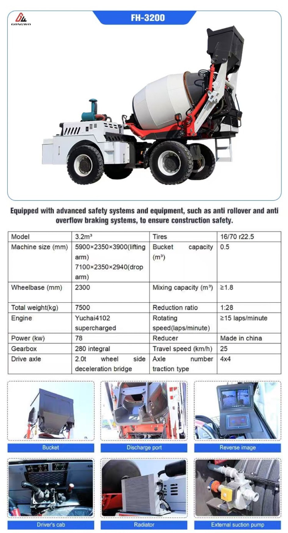 Camion malaxeur à béton de 3,2 m³