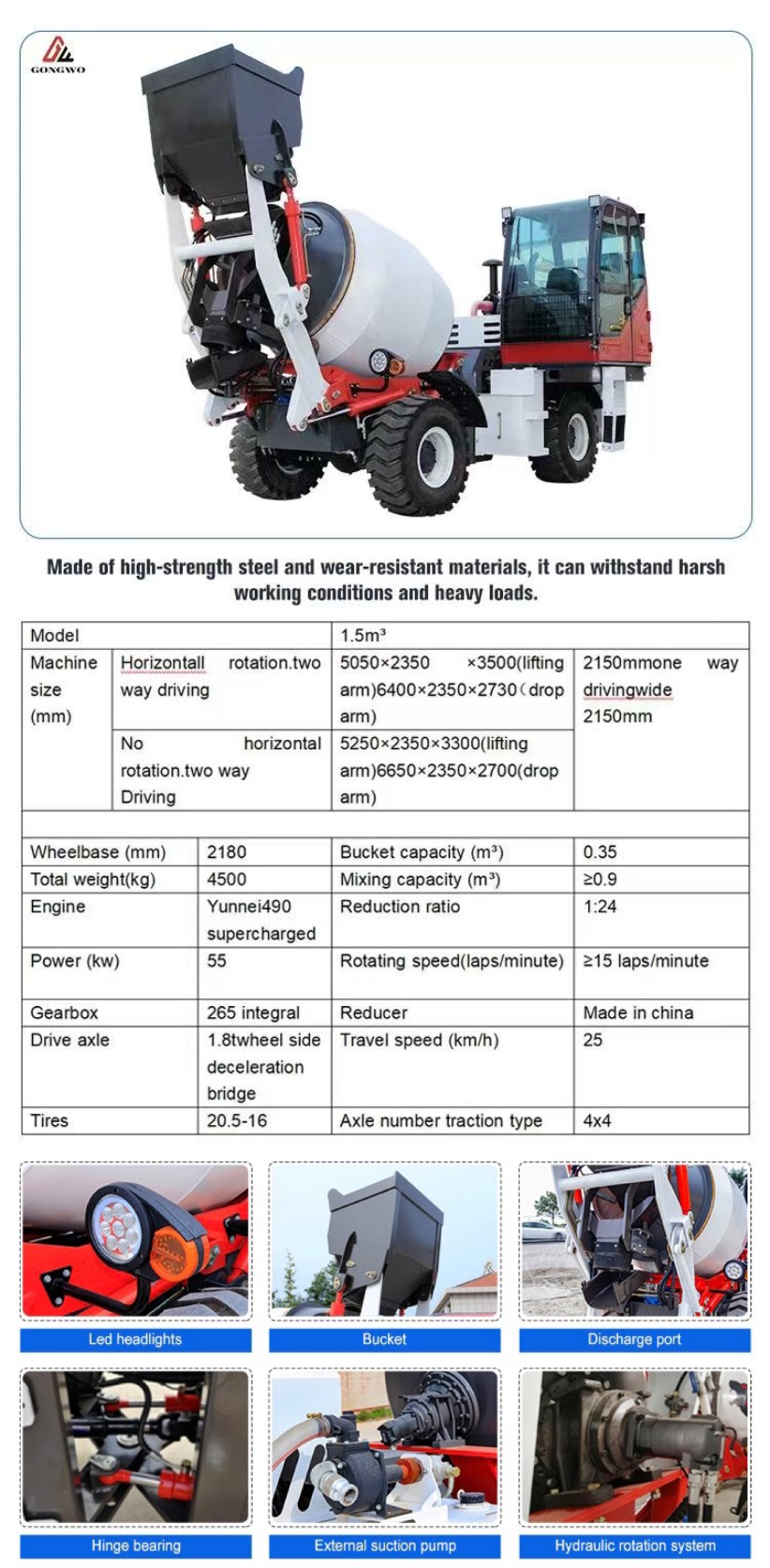 Camion malaxeur à béton de 1,5 m³ Camion malaxeur à béton de 1,5 m³